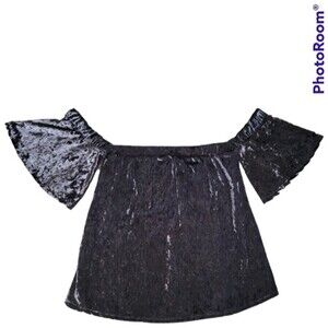 POTTER'S POT BLACK CRUSHED VELVET TOP COLD SHOULDER - S